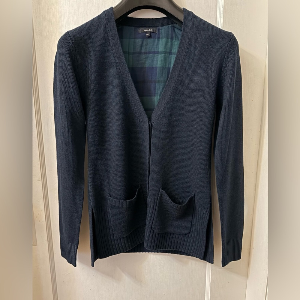 RW&CO. Navy Open V-Neck Cardigan with Patch Pockets